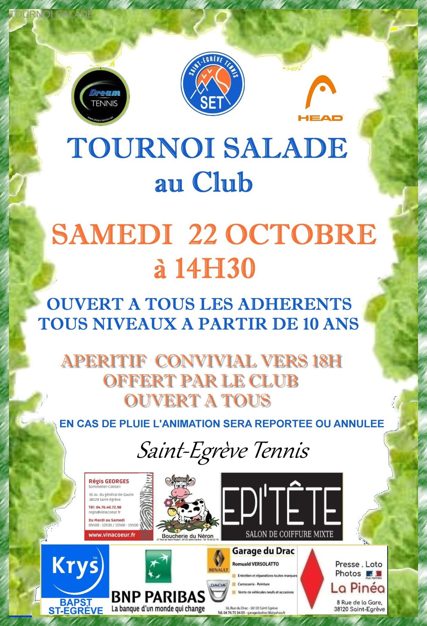 Lire la suite à propos de l’article Tournoi salade adhérents et apéritif au club samedi 22 octobre
